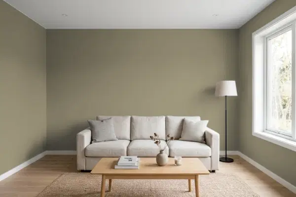 Living room with walls painted Benjamin Moore Crownsville Gray HC-106 (simulated)