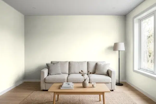 Living room with walls painted Behr Crushed Limestone PPF-15 (simulated)
