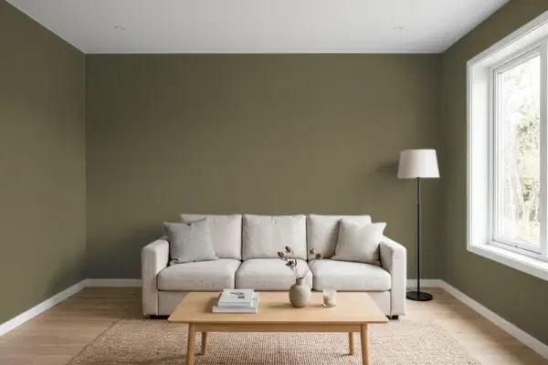 Living room with walls painted Behr Crushed Oregano MQ6-28 (simulated)