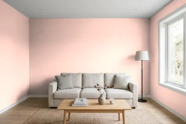 Living room with walls painted Valspar Crystal Coral 2004-4B (simulated)