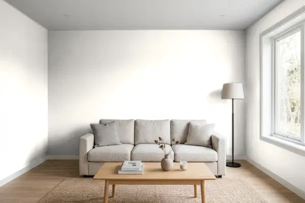 Living room with walls painted Behr Crystal Cut PR-W13 (simulated)