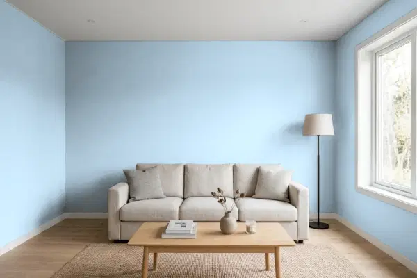 Living room with walls painted Behr Crystal Waters PPU14-14 (simulated)