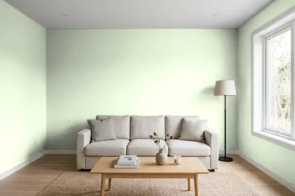 Living room with walls painted Benjamin Moore Cucumber 428 (simulated)