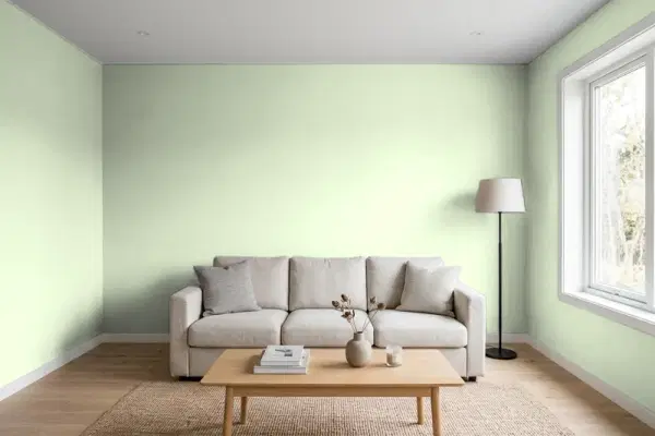 Living room with walls painted Sherwin-Williams Cucumber SW 6722 (simulated)