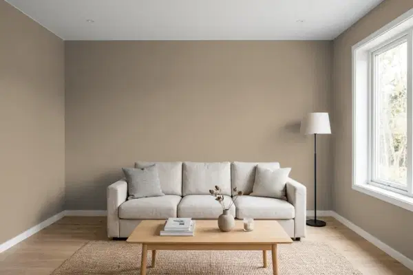 Living room with walls painted Sherwin-Williams Curio Gray SW 0024 (simulated)