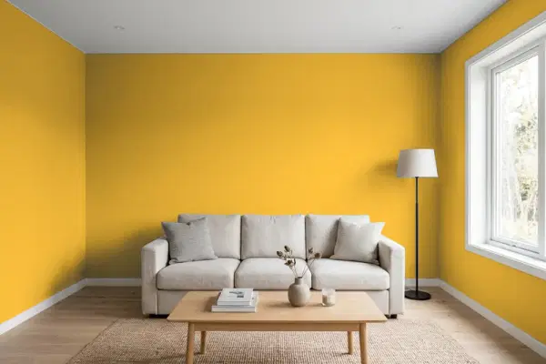 Living room with walls painted PPG Paints Curry Sauce 1210-7 (simulated)