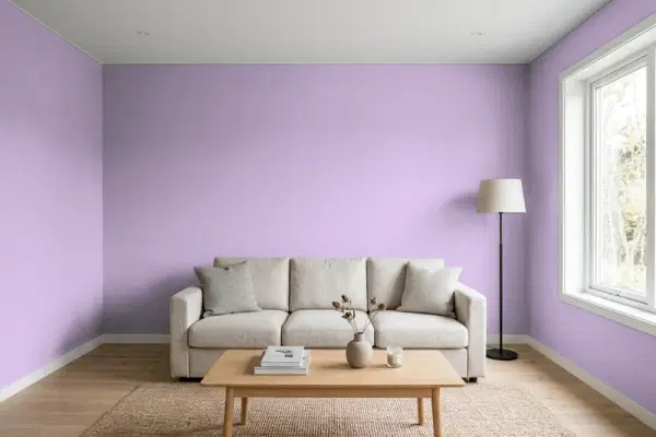 Living room with walls painted Behr Cyber Grape M570-4 (simulated)