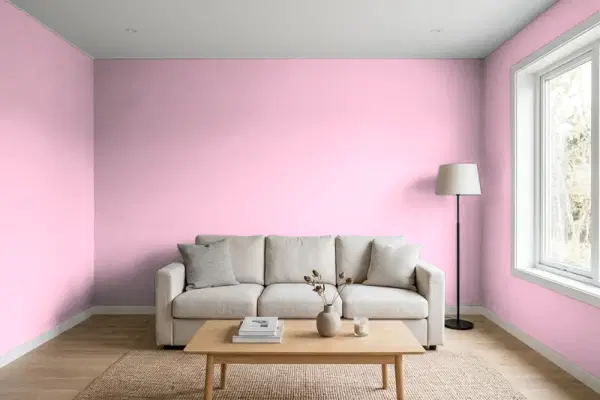 Living room with walls painted Behr Dainty Pink P130-2A (simulated)