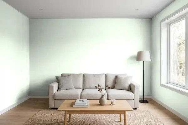 Living room with walls painted Benjamin Moore Daiquiri Ice 2034-70 (simulated)