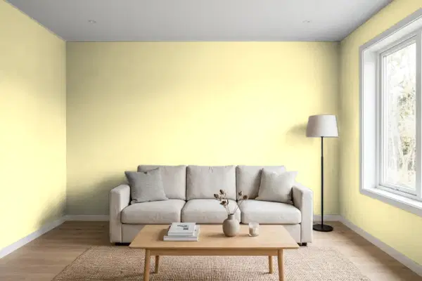 Living room with walls painted Valspar Daisy Spell 3007-4B (simulated)