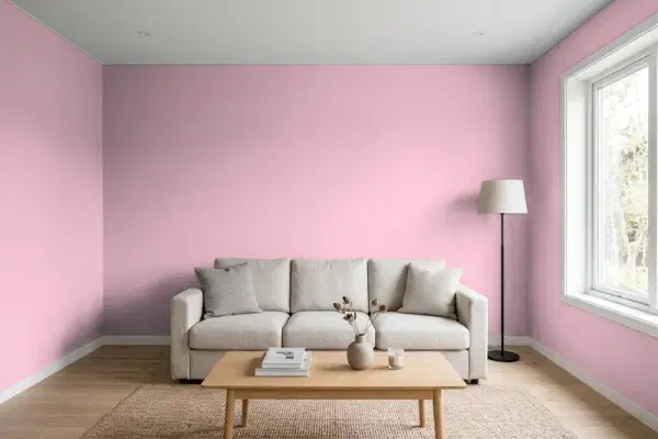 Living room with walls painted Benjamin Moore Damask Rose 2082-50 (simulated)