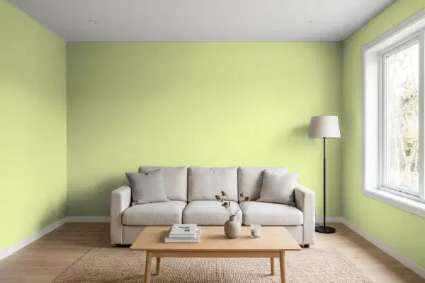 Living room with walls painted Sherwin-Williams Dancing Green SW 6716 (simulated)