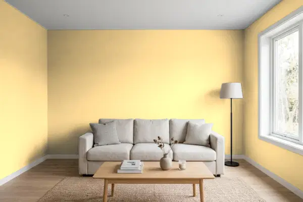 Living room with walls painted Benjamin Moore Danse du Soleil CC-212 (simulated)