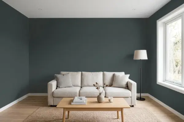 Living room with walls painted PPG Paints Dark As Night 14-05 (simulated)