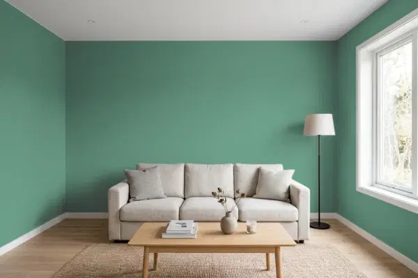 Living room with walls painted Behr Dark Jade MQ6-43 (simulated)