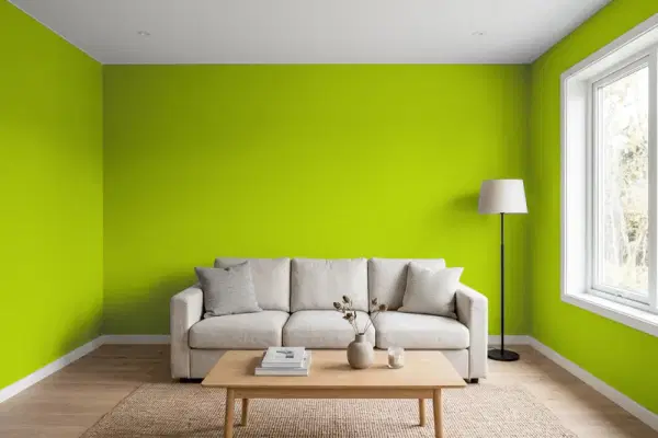 Living room with walls painted Benjamin Moore Dark Lime 2027-10 (simulated)