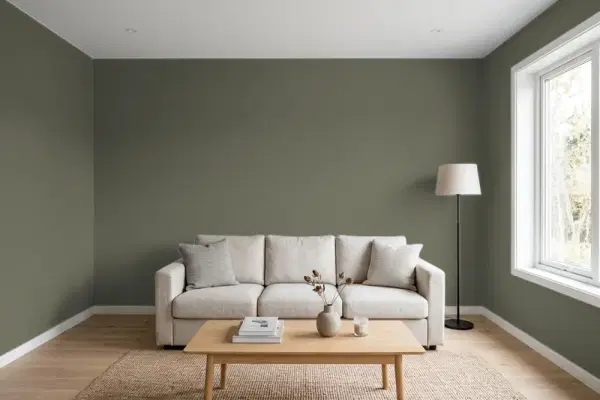 Living room with walls painted Benjamin Moore Dark Olive 2140-30 (simulated)