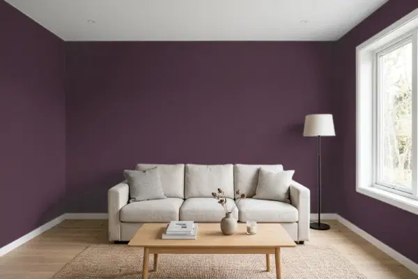 Living room with walls painted Benjamin Moore Dark Purple 2073-10 (simulated)