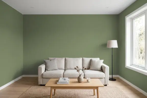 Living room with walls painted PPG Paints Dark Sage 1124-6 (simulated)