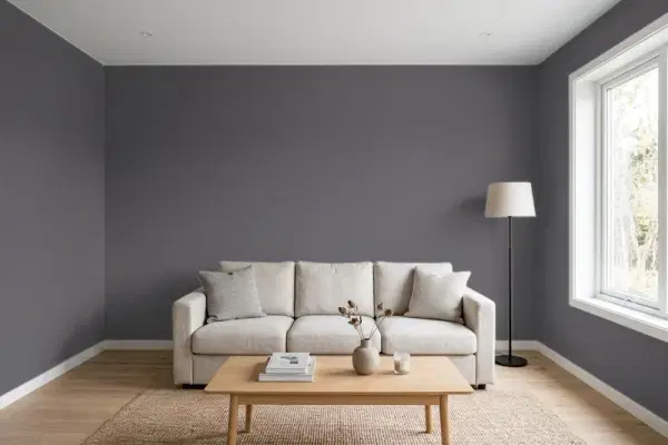 Living room with walls painted Behr Dark Shadows MQ5-02 (simulated)