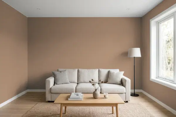 Living room with walls painted Valspar Dark Toast 3001-9B (simulated)