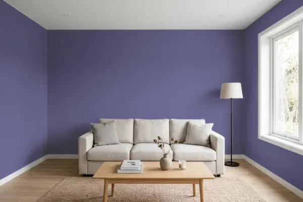 Living room with walls painted Benjamin Moore Darkest Grape 2069-30 (simulated)
