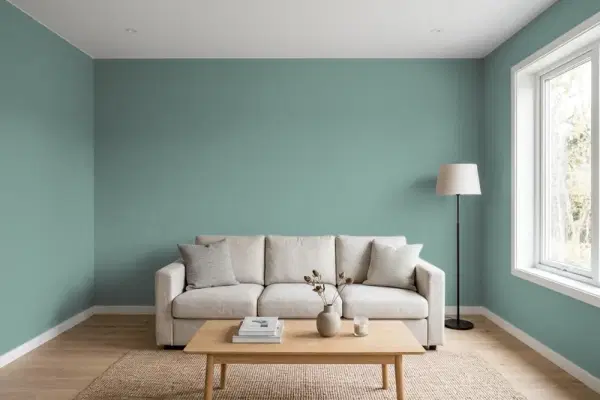 Living room with walls painted Benjamin Moore Dartsmouth Green 691 (simulated)