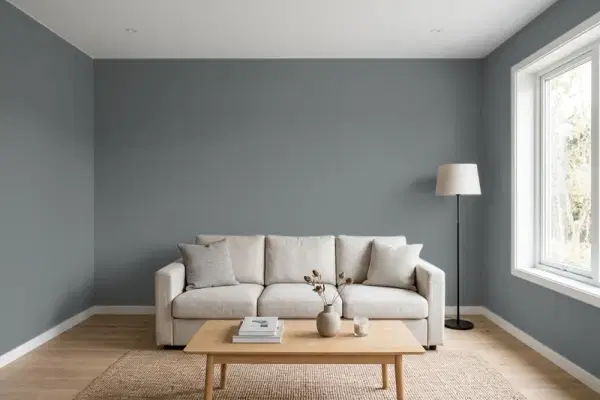 Living room with walls painted Behr Dawn Gray MQ5-28 (simulated)