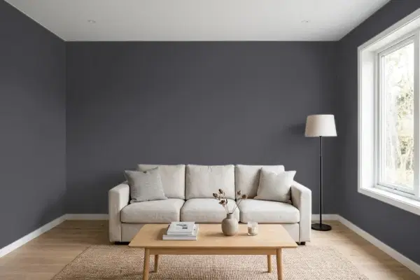 Living room with walls painted Benjamin Moore Day's End 2133-30 (simulated)