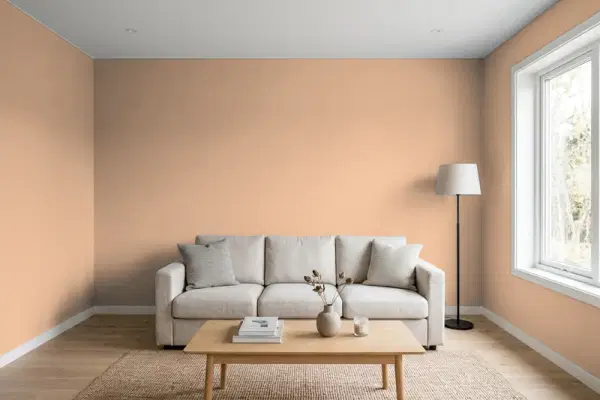 Living room with walls painted Benjamin Moore Dearborn Tan 1153 (simulated)