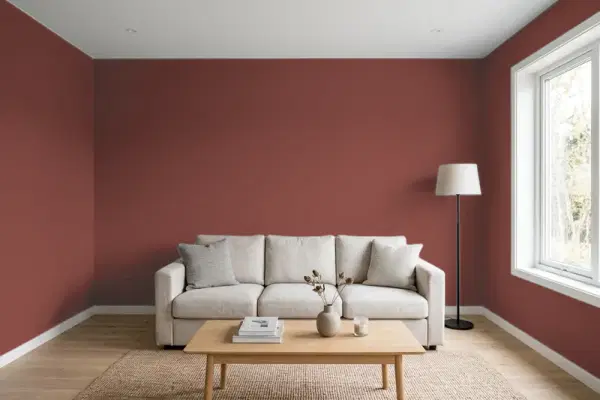 Living room with walls painted Behr Decadence PMD-89 (simulated)