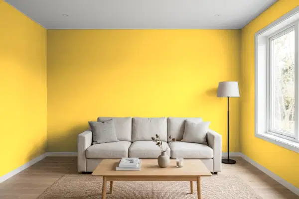 Living room with walls painted Sherwin-Williams Decisive Yellow SW 6902 (simulated)
