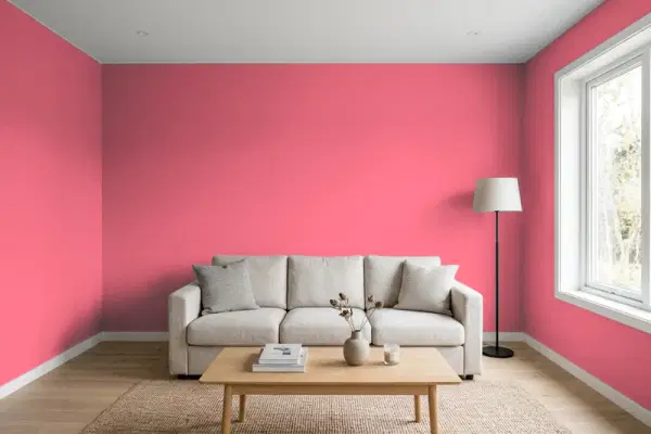 Living room with walls painted Benjamin Moore Deco Rose 1328 (simulated)