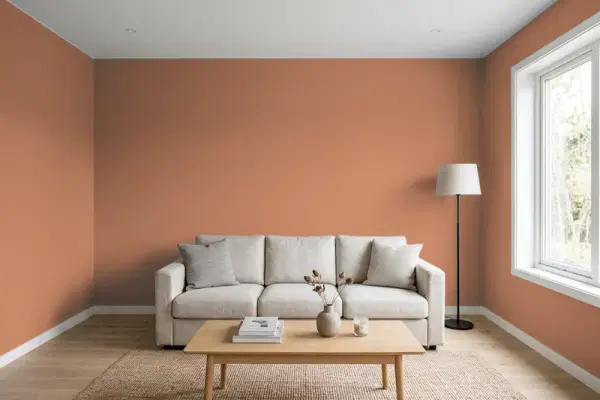 Living room with walls painted Sherwin-Williams Decorous Amber SW 0007 (simulated)