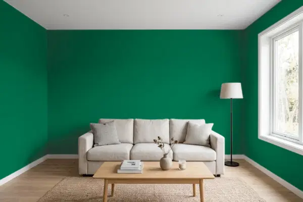 Living room with walls painted Benjamin Moore Deep Green 2039-10 (simulated)