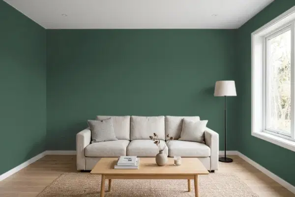 Living room with walls painted Behr Deep Jungle 470F-7 (simulated)