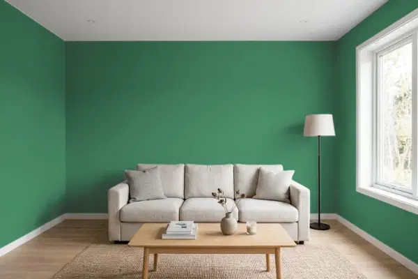 Living room with walls painted Valspar Deep Mint 6001-8C (simulated)