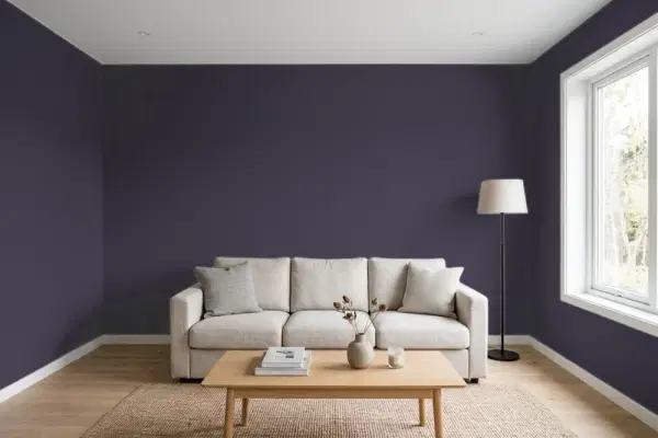 Living room with walls painted Benjamin Moore Deep Mulberry 2069-10 (simulated)