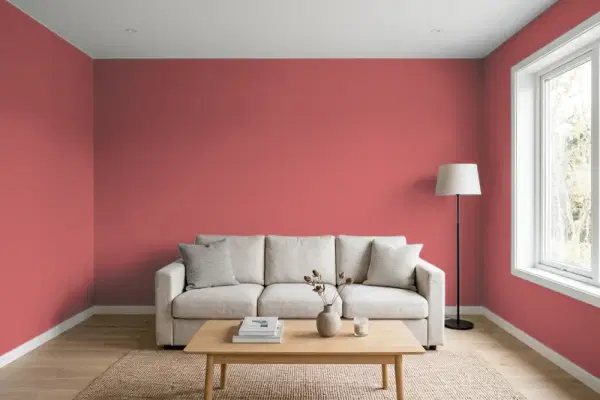 Living room with walls painted Valspar Deep Rose 2001-3A (simulated)