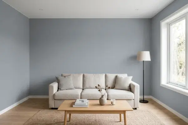 Living room with walls painted Benjamin Moore Deep Silver 2124-30 (simulated)
