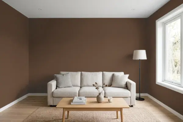 Living room with walls painted Benjamin Moore Deep Taupe 2111-10 (simulated)