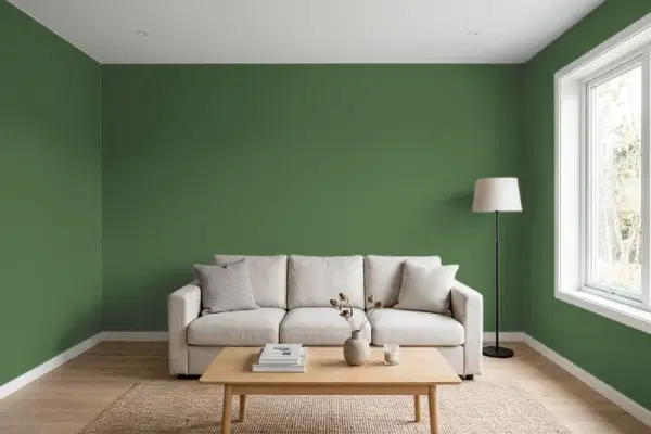 Living room with walls painted Behr Deep Viridian S400-7 (simulated)