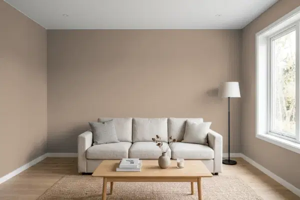Living room with walls painted Benjamin Moore Deer Granite CC-452 (simulated)