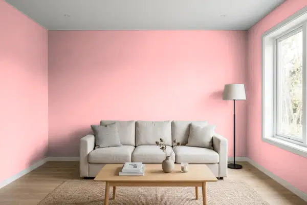 Living room with walls painted Benjamin Moore Delicate Rose 2008-50 (simulated)