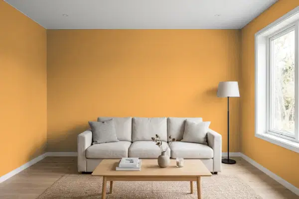Living room with walls painted Benjamin Moore Delightful Golden 2158-30 (simulated)