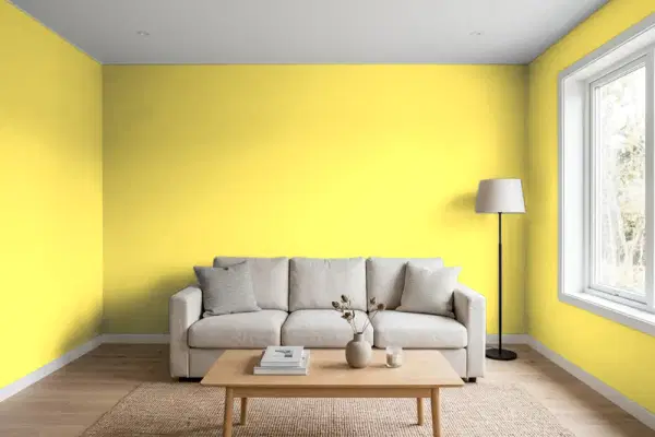 Living room with walls painted Benjamin Moore Delightful Yellow 335 (simulated)