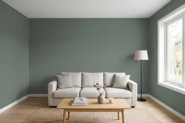 Living room with walls painted Behr Dense Shrub 700F-6 (simulated)