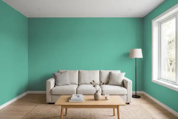 Living room with walls painted PPG Paints Derby Green 1140-5 (simulated)