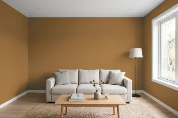 Living room with walls painted Benjamin Moore Desert Camel 2162-20 (simulated)