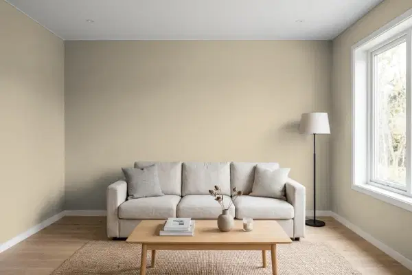 Living room with walls painted Behr Desert Khaki N310-4 (simulated)
